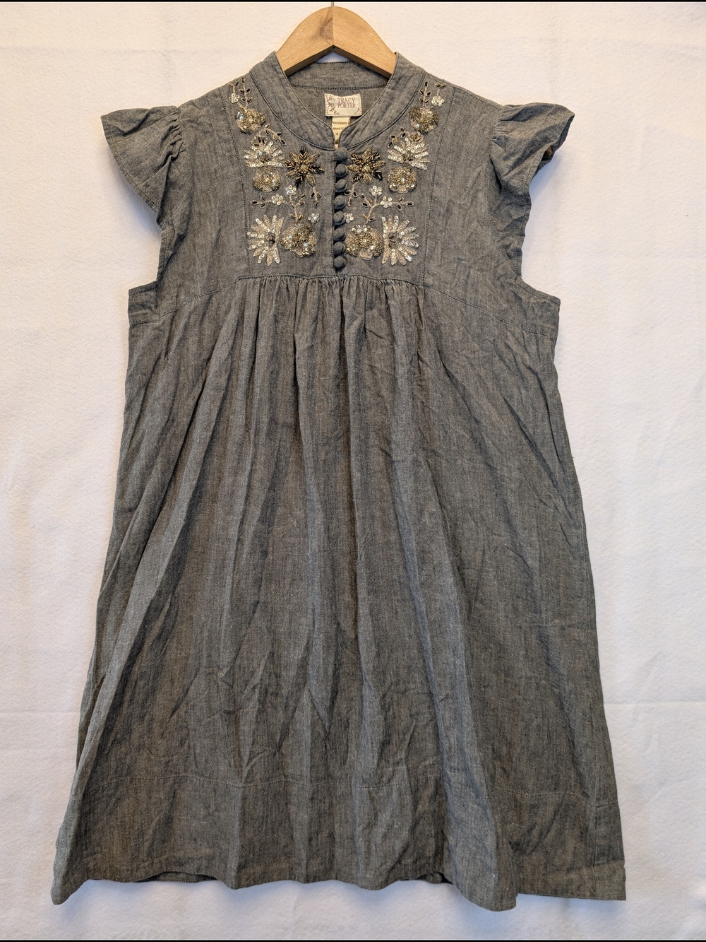 Tracy Porter Gray Embroidered Chambray Mini Dress